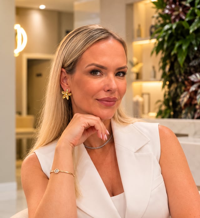 Thiele, proprietária da Clínica Jiovialle, na recepção da clínica